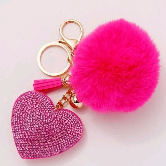 🔹️Rhinestone Heart & Pom Pom Charm tassles Keychain, For Decoration✨️💚 - Picture 3 of 10